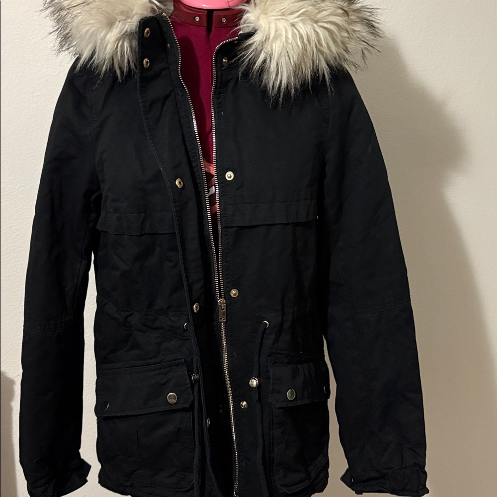 H&M Divided Women's Black Faux
Fur Pile-lined Parka Jacket with hood - Picture 7 of 15